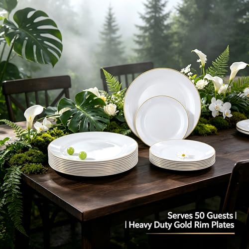 Festiva 350Pcs Gold Plastic Plates - White and Gold Dinnerware Set Disposable include 10" & 7" Plates,Cups,Silverware,Napkins -serve 50 Guests Perfect for Wedding& Easter&Birthday Party