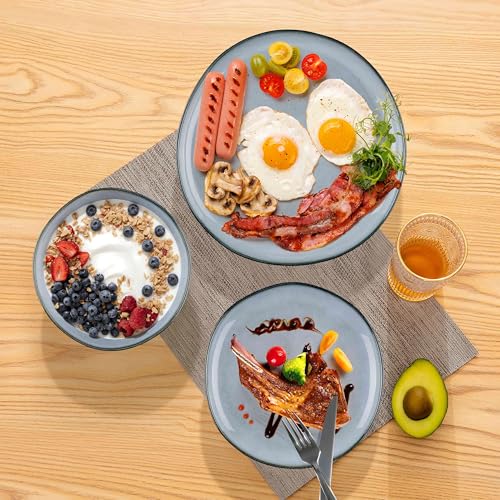 Herogo 24 Piece Dinnerware Dishes Sets for 8, Stoneware Plates and Bowls Dinner Set, Irregular Handmade Dishware Tableware for Home Kitchen, Microwave & Dishwasher Safe, Smoky Blue
