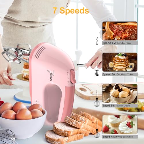 LILPARTNER Electric Hand Mixer with Storage Box, Ultra Power Kitchen Hand Mixer With 7-Speed & 5 Stainless Steel Accessories for Whipping Dough, Cream, Cake, Dishwasher Safe, PINK BOX
