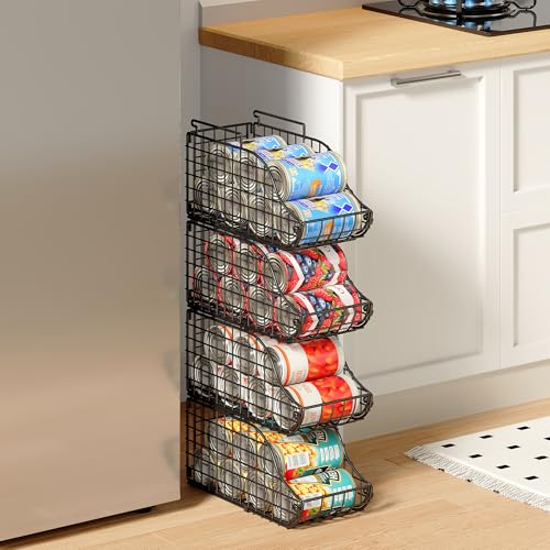 Sonyabecca 4-Pack Stackable Canned Food Organizer with Handles, Soda Can Organizer for Kitchen Pantry Shelves, Foldable Wire Cabinet Shelf for Can Storage, Patent Pending, Black