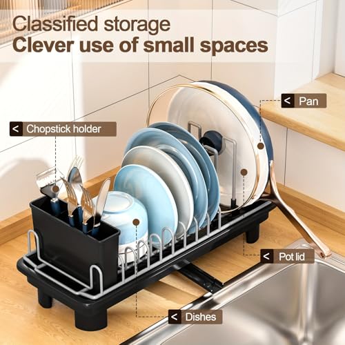 liucocotos Compact Dish Drying Rack for Countertop, Small-Sized for Dorms, RVs & Tiny Kitchens, Auto-Drain, Adjustable Slots, Rust-Resistant with Utensil Caddy & Sponge Holder (Black)