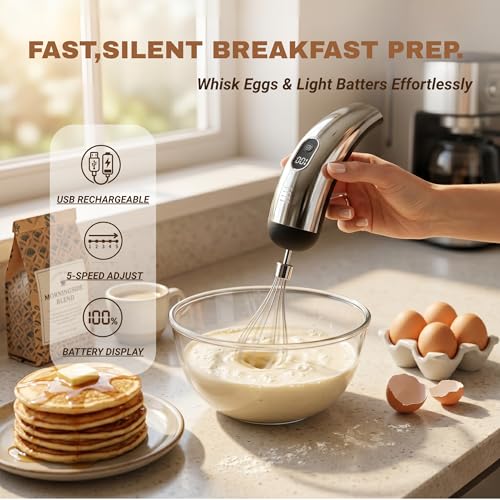 Wynboop Mini Cordless Hand Mixer, 5-Speed Electric Whisk with Digital Display, USB-C Rechargeable & Silent, Portable for Drinks, Breakfast & Baking(Black)