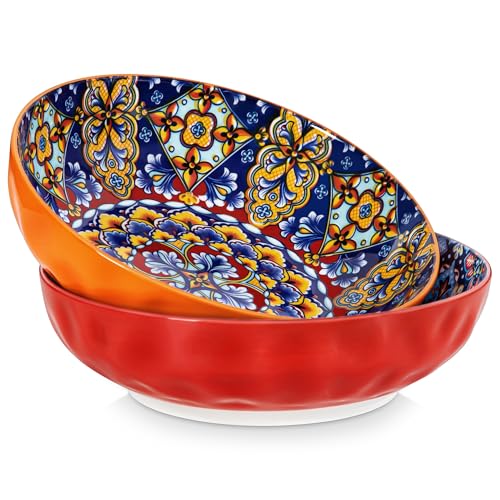 vancasso Large Serving Bowls, 78 Oz Extra Large Salad Bowls Set of 2, Bohemian Decorative Bowls for Salad, Fruit, Pasta and Dinner, Serving Dishes Set for Party, Dishwasher & Microwave Safe－Red
