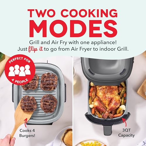 Dash Flip & Fry™ Digital 2-in-1 Grill & Air Fryer - Has AirCrisp® Technology - Digital Touchscreen, Ceramic Nonstick Grill Plate & Special Dehydrate Function - 3 Quarts - Forged Iron