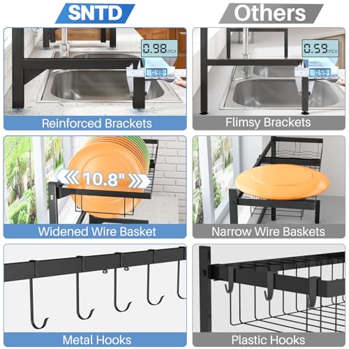 SNTD Over The Sink Large Dish Drying Rack, Metal, 26.8"-34.6", Black
