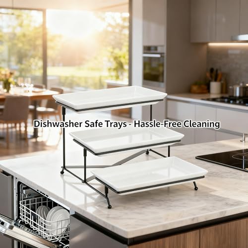 Farielyn-X 3 Tier Serving Tray, 12" White Plastic Tiered Food Serving Platters, Reusable Tray Stand Black Collapsible Metal Stand with Stable Cross Bars, Party Display Stands for Veggie Fruit, Dessert