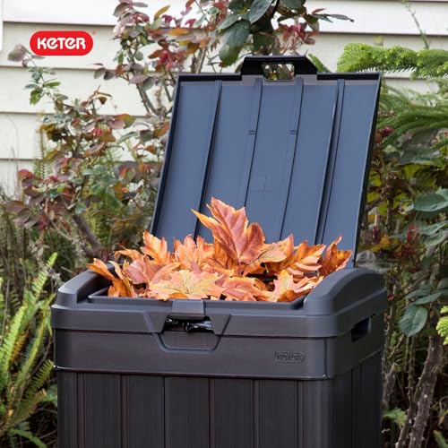 Keter Baltimore Resin 38 Gallon Outdoor Kitchen Trash Can with Lid and Drip Tray for Easy Cleaning-Perfect for Patio Dining, Black