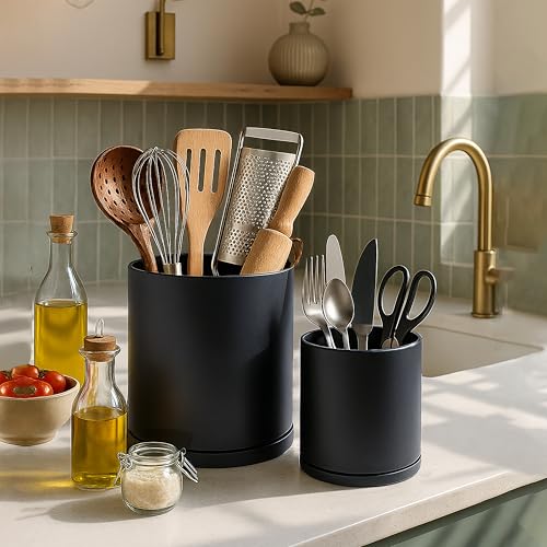 D'vine Dev 360° Rotating Utensil Holder Set – 7.2"+5" Kitchen Utensil Crocks for Countertop, Modern Cooking Tool Organizers for Kitchen Storage +Décor, Black, Set of 2, 72-Z-B-1
