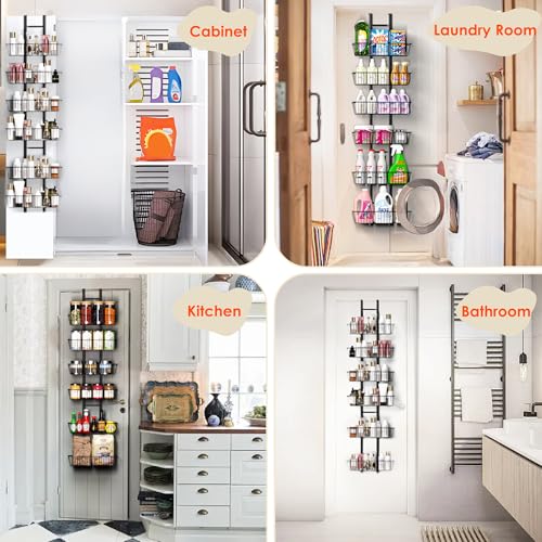 LUXEAR Over the Door Pantry Organizer, 6-Tier Adjustable Over the Door Hanging Spice Rack, No-Assembly Foldable Metal Over the Door Organizer for Kitchen, Home, Laundry Room, Bathroom