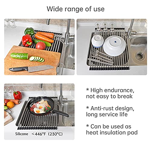 ARAINY Large Telescopic Drain Rack Roll Up Rack Heat-Resistant Dish Drainer Kitchen Sink Rack Over the Sink Dish Drying Rack Stainless Steel Dish Rack (18 Tube 21.25''x12.79'')