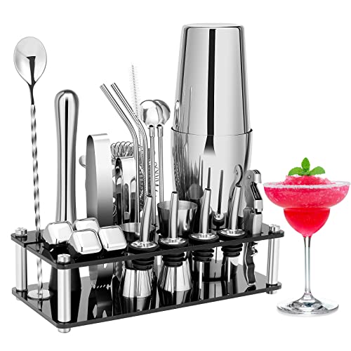 KINGROW Cocktail Shaker Set Bartender Kit, Stainless Steel Boston Bar Tools Drink Mixer Set with Stand & Recipe Booklet for Home Cocktail Making | Silver