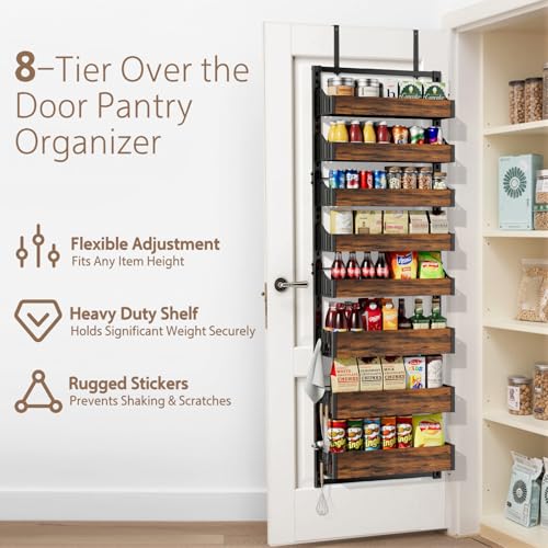 Stuvicient Over the Door Pantry Organizer: Pantry Organization and Storage with Hanging Basket - 8-Tier Adjustable Shelves Metal Spice Rack for Kitchen Laundry Room Bedroom & Bathroom