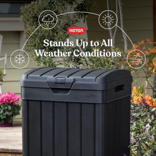 Keter Baltimore Resin 38 Gallon Outdoor Kitchen Trash Can with Lid and Drip Tray for Easy Cleaning-Perfect for Patio Dining, Black