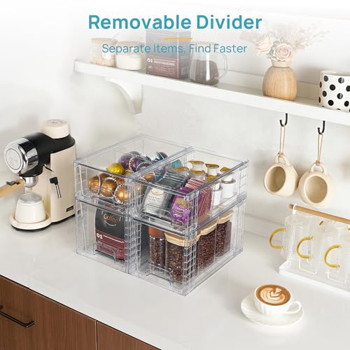 Vtopmart 4 Pack Clear Stackable Storage Drawers,Under Sink and Kitchen Organizers Storage,Easy to Assemble Plastic Drawers for Baby Bottle,Medicine, Bathroom,Cabinet and Pantry Organization