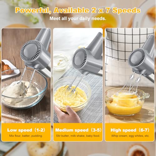 Cordless Electric Hand Mixer, 7 Speed Rechargeable Wireless Handheld Mixer with Eject Button, Long Battery, Quiet Anti-Splash, 6×304 Stainless Steel Attachments & Storage Base for Baking (Silver)