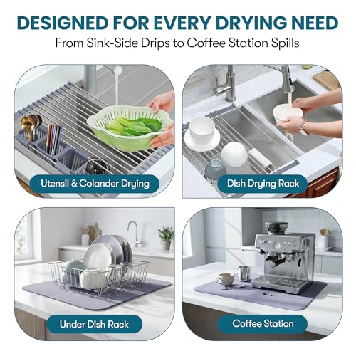 Havenity™ Expandable Roll Up Dish Drying Rack with Drying Mat - Adjustable Up to 22.75" with 2 Free Attachments & 2 Removable Baskets, 304 Stainless Steel Over The Sink Dish Drying Rack Cover Kitchen