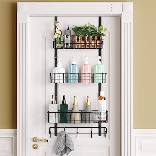 ETELI Over the Door Pantry Organizer 3 Tier Hanging Basket Back Door Storage Rack Shelf Metal Over the Door Shelves with 3 Baskets and 5 Hooks for Bathroom Kitchen Pantry Bedroom, Black