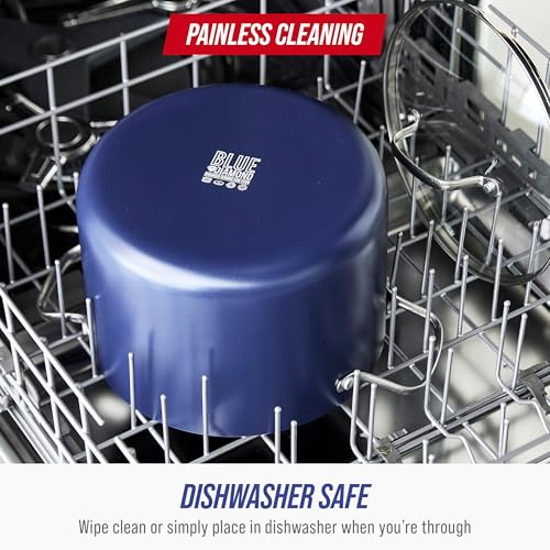 Blue Diamond 8QT Nonstick Stockpot with Glass Lid, PFAS-Free Ceramic, Multipurpose Cooking, Sauces & Soups, Pasta, Boiling & Canning Pot, Dishwasher & Oven Safe, Stainless Steel Handles, Blue