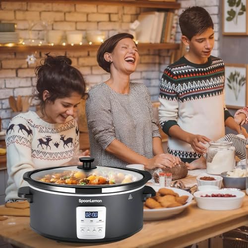 SpoonLemon 7QT Electric Slow Cooker with Digital Timer, 20H Programmable & 3 Heat Settings, Oval Ceramic Pot, Large Capacity for Family Dinner, Meal Prep, Compatible with 30 pcs 13"x21" Cooking Liners