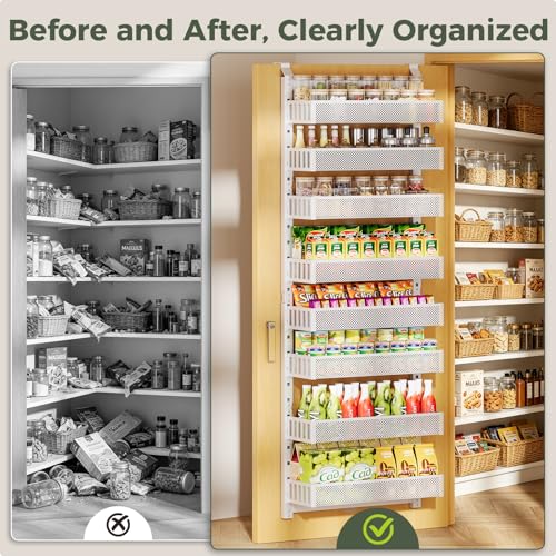 POKIPO 8-Tier Over the Door Pantry Organizer, 2 IN 1 Wall Mount or Hanging Spice Rack with Adjustable Raised Basket, Heavy Duty Back of Door Storage for Kitchen Bathroom Laundry Room