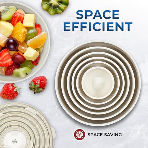 Bakken Master 12 Piece Plastic Nesting Bowls with Lids - Mixing Bowls Set includes 6 Prep Bowls and 6 Lids, BPA-Free, Reusable Meal Prep Containers, Microwave, Freezer & Dishwasher Safe, White Cream