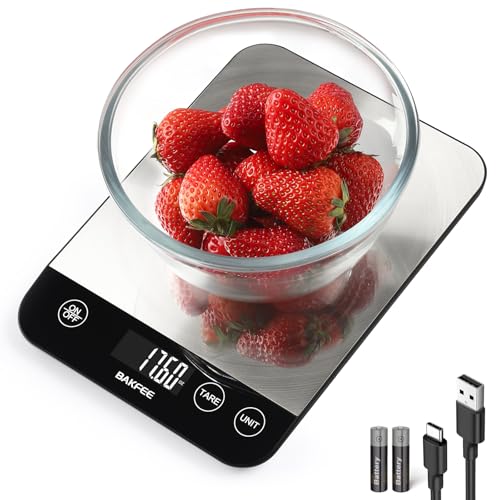 BakFee Food Scale, 33lb Rechargeable Kitchen Scale with Stainless Steel, Grams and Ounces, USB Charging, 1g High Accuracy for Baking, Cooking & Food Prep, Black, BK806