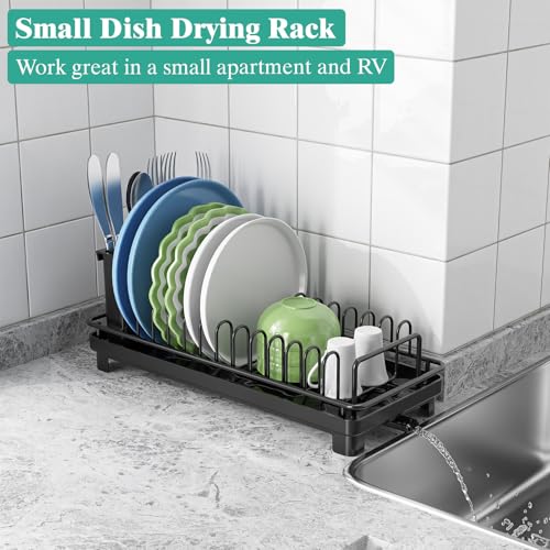 Giwil Small Dish Drying Rack, Compact Dish Rack with Drainboard for Kitchen Counter, Multifunctional Rustproof Dish Drainer Plate Organizer Used Over Sink & on Countertop, Black