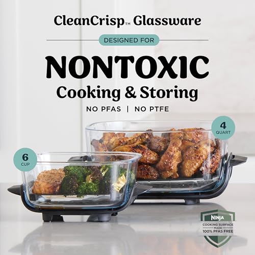 Ninja Crispi Air Fryer, Microwave, Freezer & Dishwasher Safe, Non Toxic Glass Portable Cooking System, 4 QT & 6 Cup Glass Containers with Storage Lids, Easy Meals, Air Fry, Bake, Grey (Renewed)