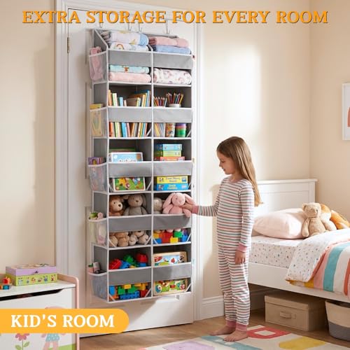 Over The Door Organizer, 5-Tier Extra Large Behind Door Storage with 10 Big Front & 10 Mesh Pockets, 80lb Capacity, Hanging Storage Organizer with Clear Window Kids Toys, Shoes, Diapers, Light Grey