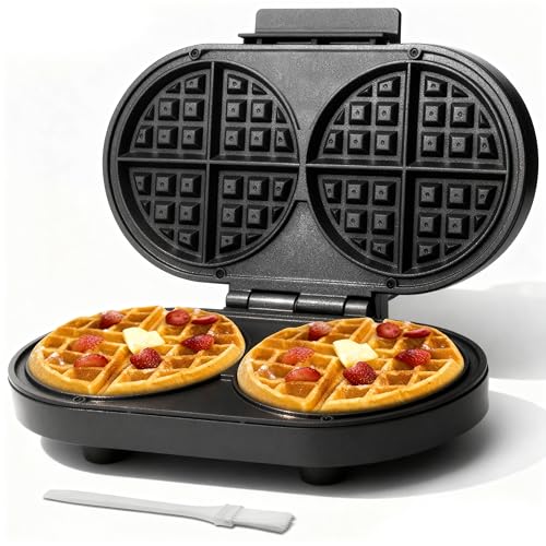 Baker’s Friend Double Belgian Waffle Maker Thick, 2 X 6” Round Waffle Maker, Belgium Waffle