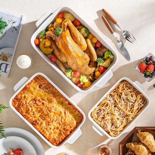MALACASA Casserole Dishes for Oven, Ceramic Baking Dishes Set of 3, Baking Pan Casserole Dish Set, Rectangular Lasagna Pan Deep with Handles for Baking, Khaki White (14.5''/13''/10.5''), Series TARA