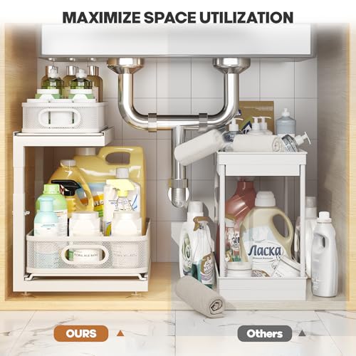 2-Pack Under Sink Storage Organizer with 2-Tier Slide Out Drawer, Sophisticated Mesh Pull Out Shelf for Kitchen & Bathroom, Fits Small Items, Upgraded Arched Track for Smooth Gliding(Patented)