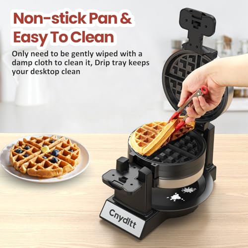 Cnydltt Double Waffle Maker - 1400W Rotating Belgian Waffle Iron, Cooks 2 at Once (8 Slices), 180° Flip Nonstick Plates, Smart Temp Control, Removable Drip Tray, Locking Lid, Stainless, Black