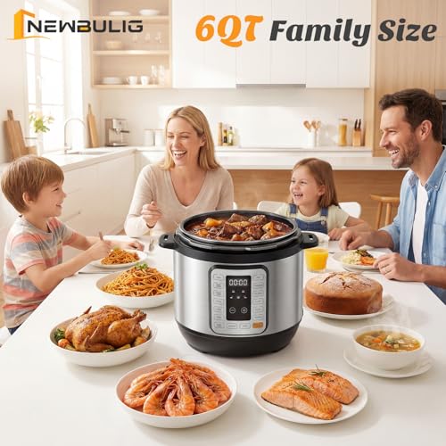 NEWBULIG 16-in-1 Electric Pressure Cooker, 6QT Multi Cooker with 12 Presets, Slow Cook Rice Steamer Sauté Soup Meat Stew Canning Yogurt Maker, Ceramic Inner Pot & Recipe Book Included, Silver