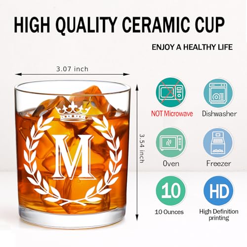 Jmugmt Personalized Whiskey Glasses Gifts for Men, Letter M Initial Whiskey Glass, Christmas Birthday Gifts for Men Husband Brother Dad, 10 OZ Old Fashioned Glass with Gift Box(Letter M)