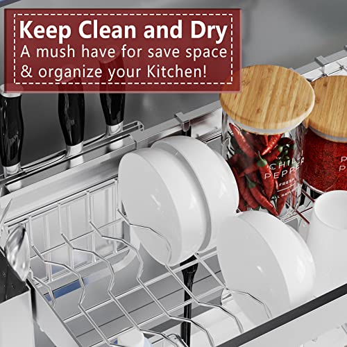VNKZI Over Sink Dish Drying Rack, 2 Tier Full Stainless Steel Storage Adjustable Length (25.98'' to 36.61'') Kitchen Rack, Multifunctional Expandable Counter Organizer, Space Saver Dish Rack