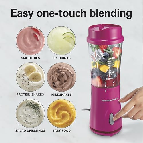 Hamilton Beach Portable Blender for Shakes and Smoothies, 14 Oz BPA Free Travel Cup & Lid, Durable Stainless Steel Blades, Personal Smoothie Blender, Raspberry, 51131G