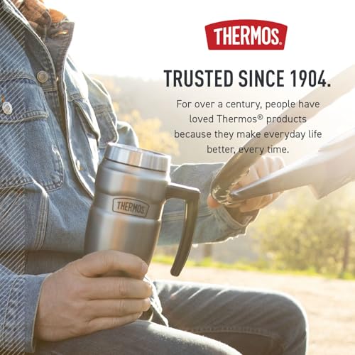 THERMOS Stainless King Vacuum-Insulated Travel Mug with Handle - 16oz, Matte Steel - Thermos Tumbler for Hot & Cold Drinks - Leak-Proof & Sweat-Proof Stainless Steel Coffee Mug with Lid for Commuting