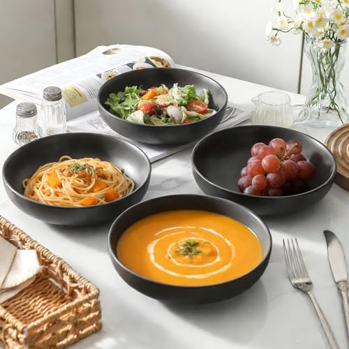 Tikooere Stoneware Pasta Bowls, 34 oz Large Salad Bowl Set of 4, Ceramic Serving Bowls for Ramen, Pasta, Fruit, Cereal, Dinner, Wide and Shallow Bowls, Microwave & Dishwasher Safe, Matte Black