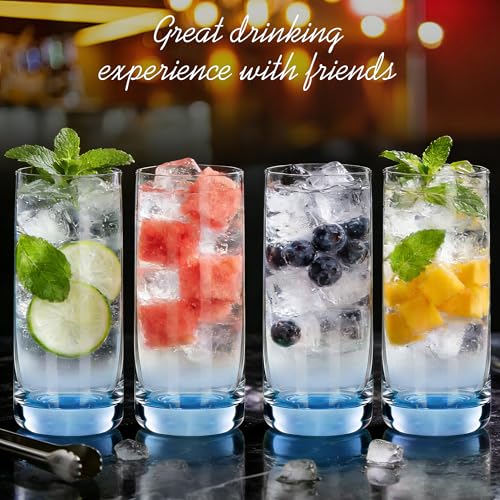 GLAZVIA Blue Highball Glasses Set of 6,13oz Drinking Glass Cups for Mixed Drink Cocktail, Beer, Mojito, Water and Juice,Thick Tall Crystal Glassware for Kitchen, Restaurant, Home Bar and Parties