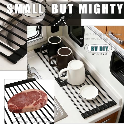 LMHOUS Roll up Dish Drying Rack Silicone Wrapped Stainless Steel 14.5" x 7", Black (M), Over the Sink, Heat Resistant, Foldable
