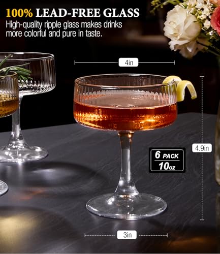 Echubao Coupe Glasses Set of 6, Ribbed Large Martini Glass, 10oz Vintage Cocktail Glasses for Espresso Martini, Manhattan, Margarita, Pisco Sour, Home Bar