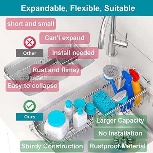 FavoThings Over the Sink Caddy, Expandable Stainless Steel Sponge Holder for Kitchen Sink, 14.5-22 in Sink Organizer Rack for Sponge, Soap, Brush, Dish Cloth and Rag, Rust-Resistant Drying Holder