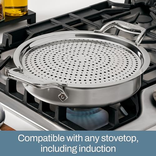All-Clad D5® 5-Ply Brushed Stainless Steel Sauteuse with lid and Strain & Splatter Guard, 4-Quart, Induction, Oven & broiler safe up to 600°F, Cookware, Kitchen Essential, Pots and Pans, Silver