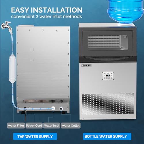 ROVSUN 110LBS/24H Commercial Ice Maker Machine with 50lbs Storage Bin, Freestanding/Countertop Ice Machine with 2 Water Inlets, Ice Scoop & Water Filter for Home Office Restaurant Bar Cafe Use