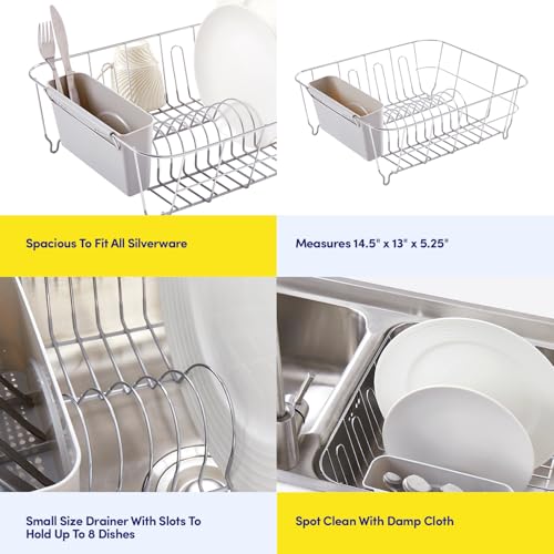 Dish Drying Rack & Cutlery Holder 2 Piece Set - Compact Sink-Fitting Dish Drainer with Rubberized Undercoating, Space-Saving Kitchen Organizer for Plates, Cups, Bowls & Utensils in Sink, Silver