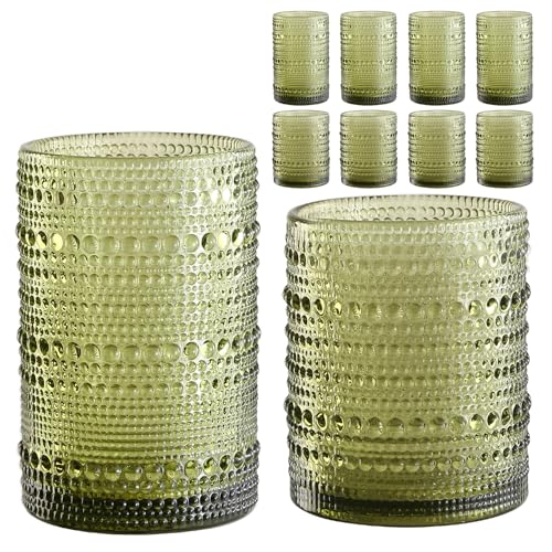ZMOWIPDL Vintage Hobnail Drinking Glasses Set of 8,Green 12 oz & 15oz Highball Glass Cups, Kitchen Drinkware Glassware,Embossed Water Tumbler,for Beer,Cocktail,Whiskey,Juice and Various Mixed Drinks