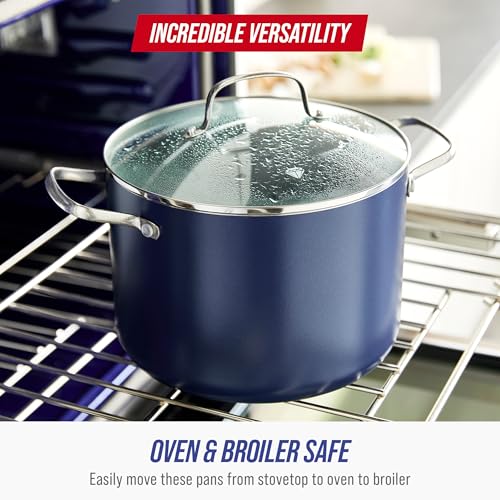 Blue Diamond 8QT Nonstick Stockpot with Glass Lid, PFAS-Free Ceramic, Multipurpose Cooking, Sauces & Soups, Pasta, Boiling & Canning Pot, Dishwasher & Oven Safe, Stainless Steel Handles, Blue