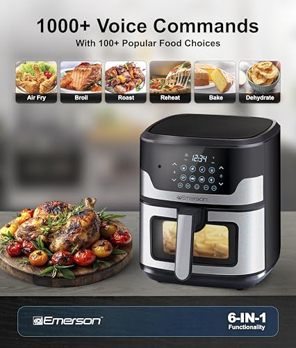 Emerson SmartVoice 5.3QT Air Fryer, 1000+ Voice Commands, 6-in-1 Digital Cooker, Compact Countertop Design, Oil-Free Healthy Cooking, Easy-Clean Nonstick Basket, 1500W