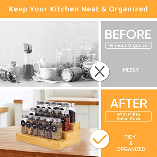 MillTu Bamboo Spice Rack Organizer for Cabinet 2 Pack - 3 Tier Countertop Step Shelf, Seasoning Storage Stand for Kitchen Pantry, Spice Holder for Jars Bottles Cans (Natural)